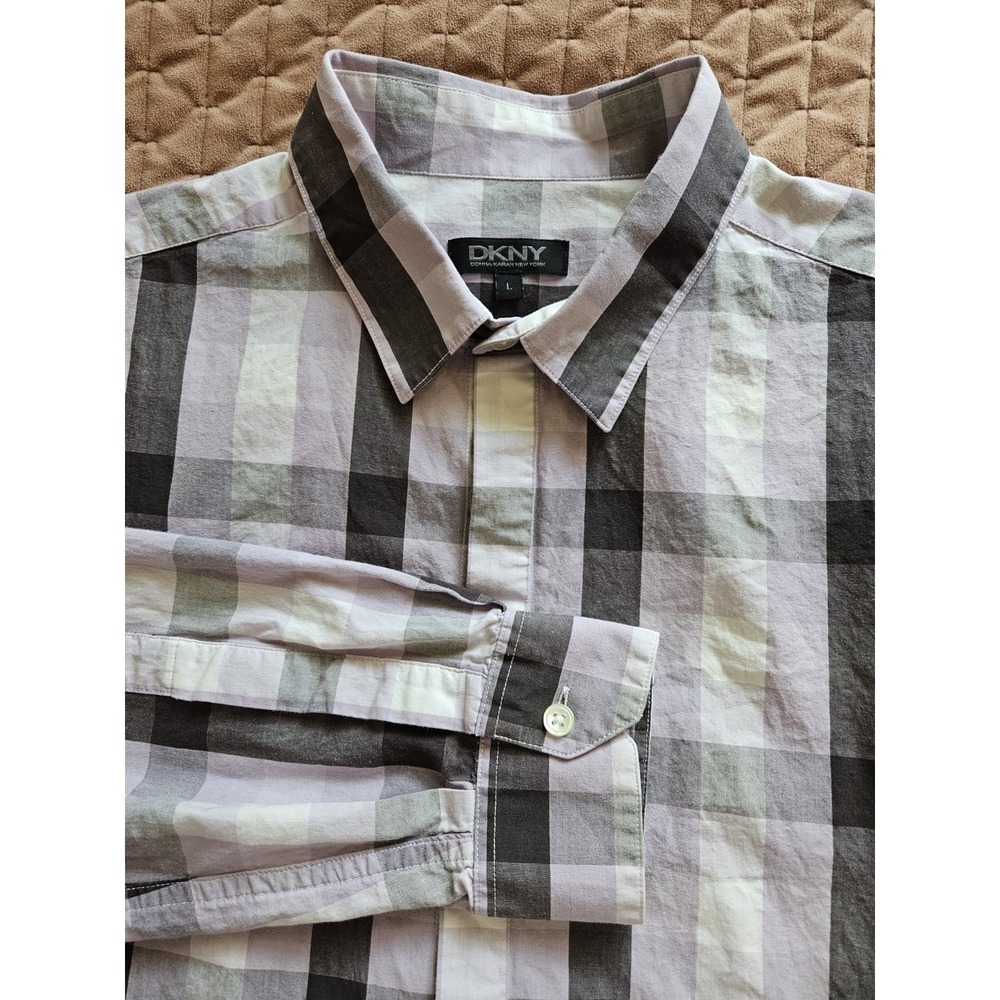 DKNY Men's Purple Black Check Long Sleeve 100% Cotton Shirt, Size LG
